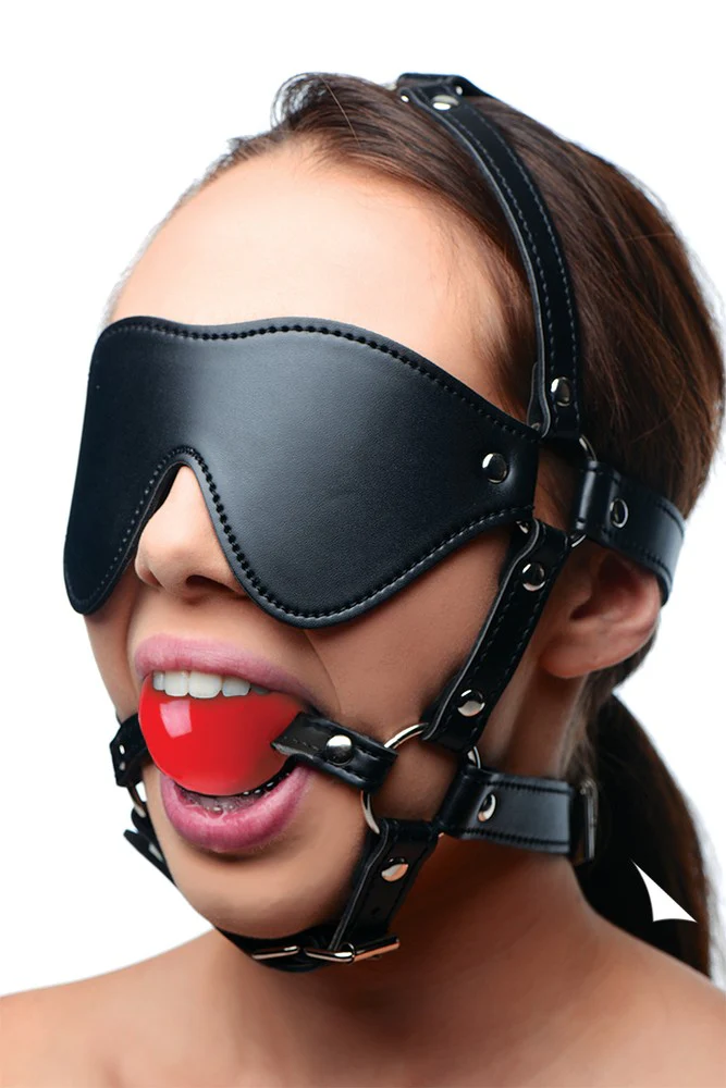 Blindfold Head Harness with Red Ball Gag - Image 3