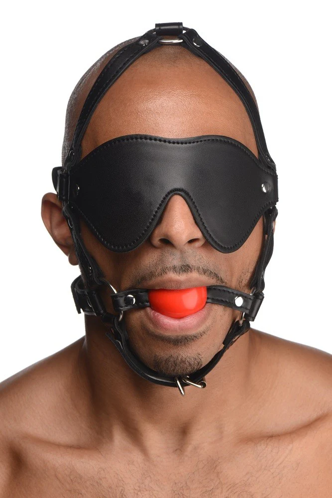 Blindfold Head Harness with Red Ball Gag - Image 4