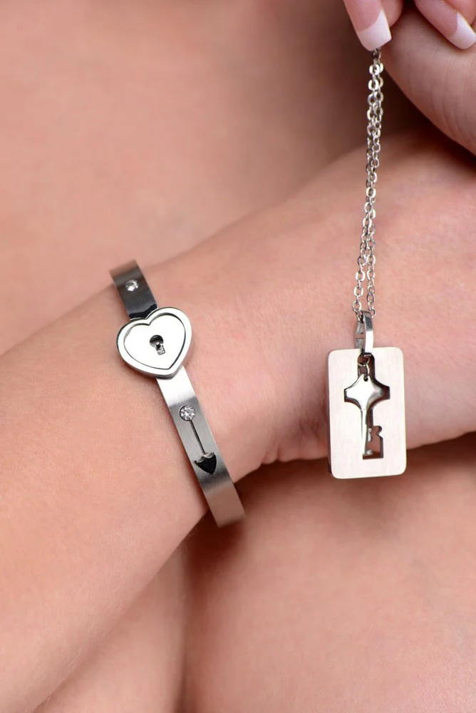 Grey Cuffed Locking Bracelet and Key Necklace