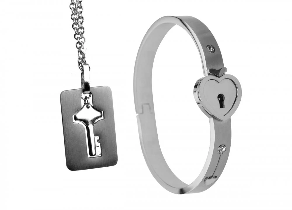 Grey Cuffed Locking Bracelet and Key Necklace - Image 5