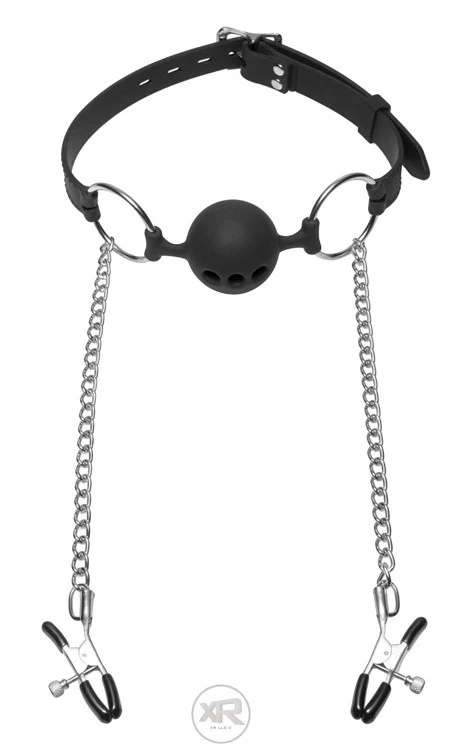Hinder Breathable Silicone Ball Gag with Nipple Clamps - Image 6