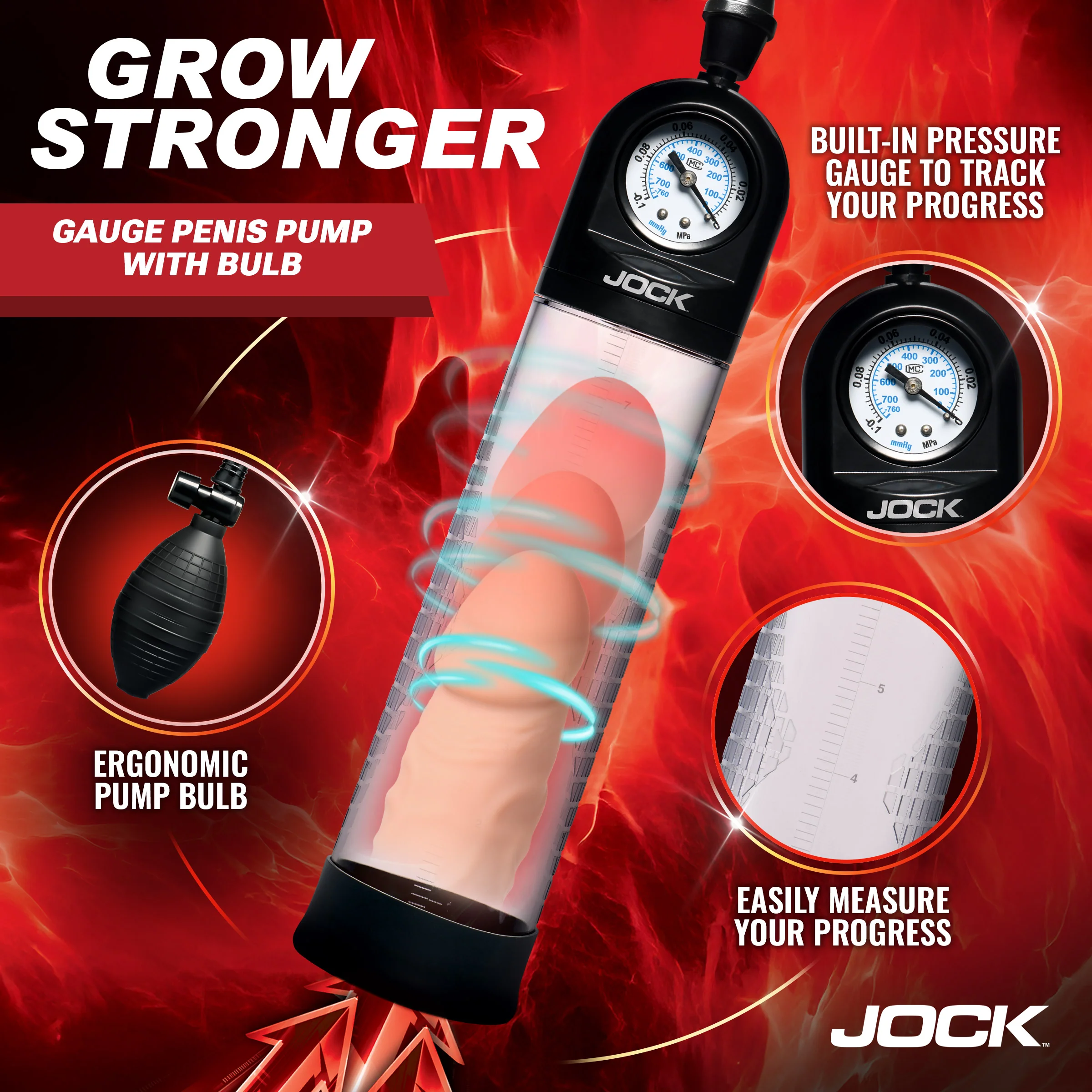 JOCK Advanced Pump Up Gauge Penis Pump with Bulb - Image 2