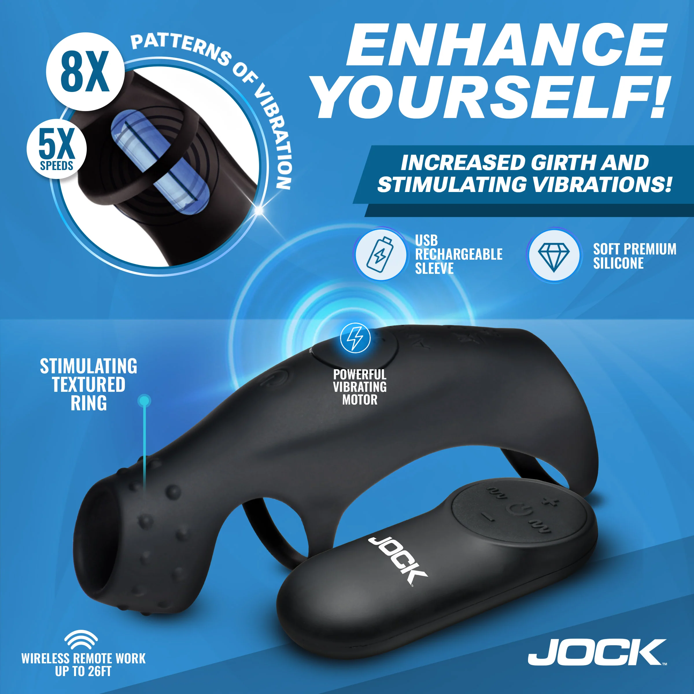 JOCK Enhancers Rush Vibrating Penis Sleeve C-Ring w/ Remote - Image 2