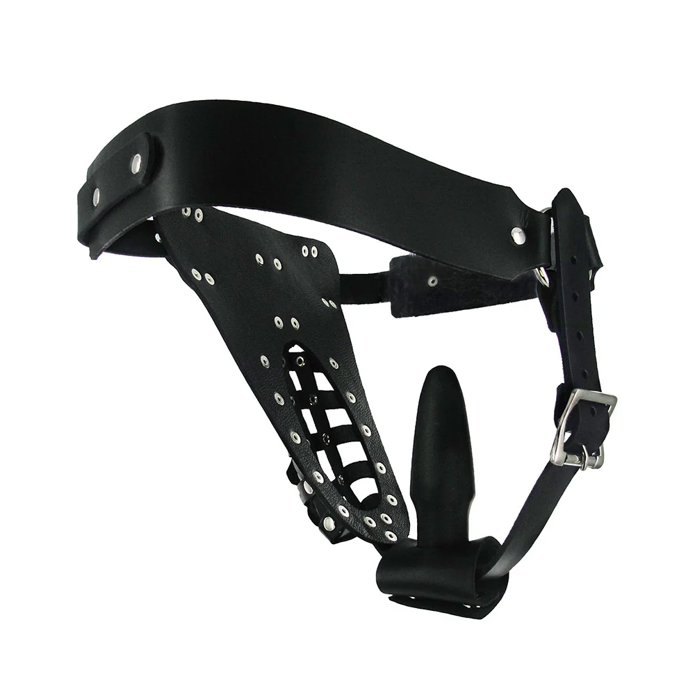 Leather Male Chastity Belt with Anal Plug Harness - Image 6