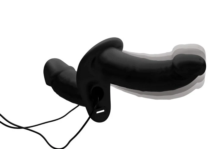 Power Pegger Black Silicone Vibrating Double Dildo with Harness - Image 3