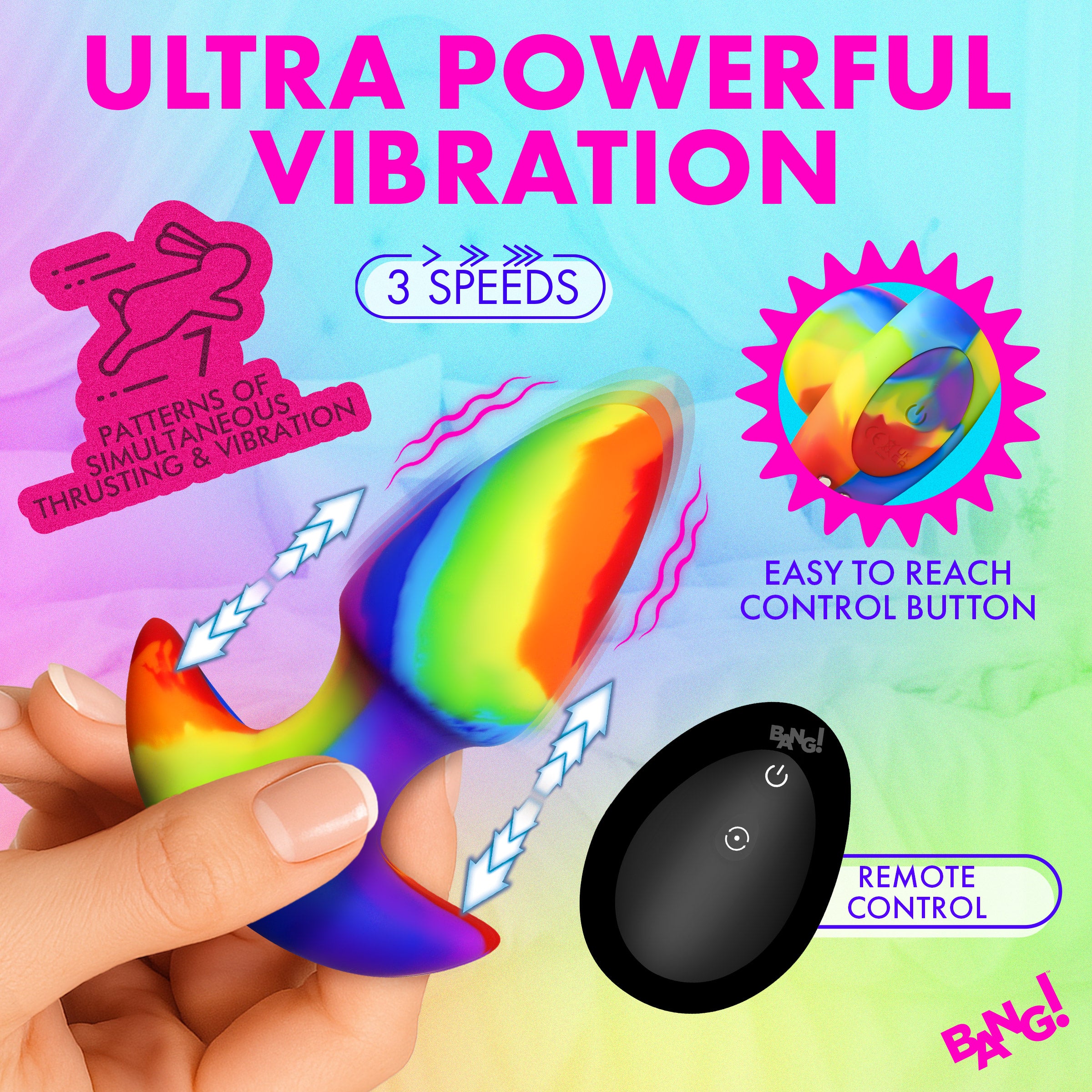Rainbow Thrusting & Vibrating Silicone Butt Plug - Image 4