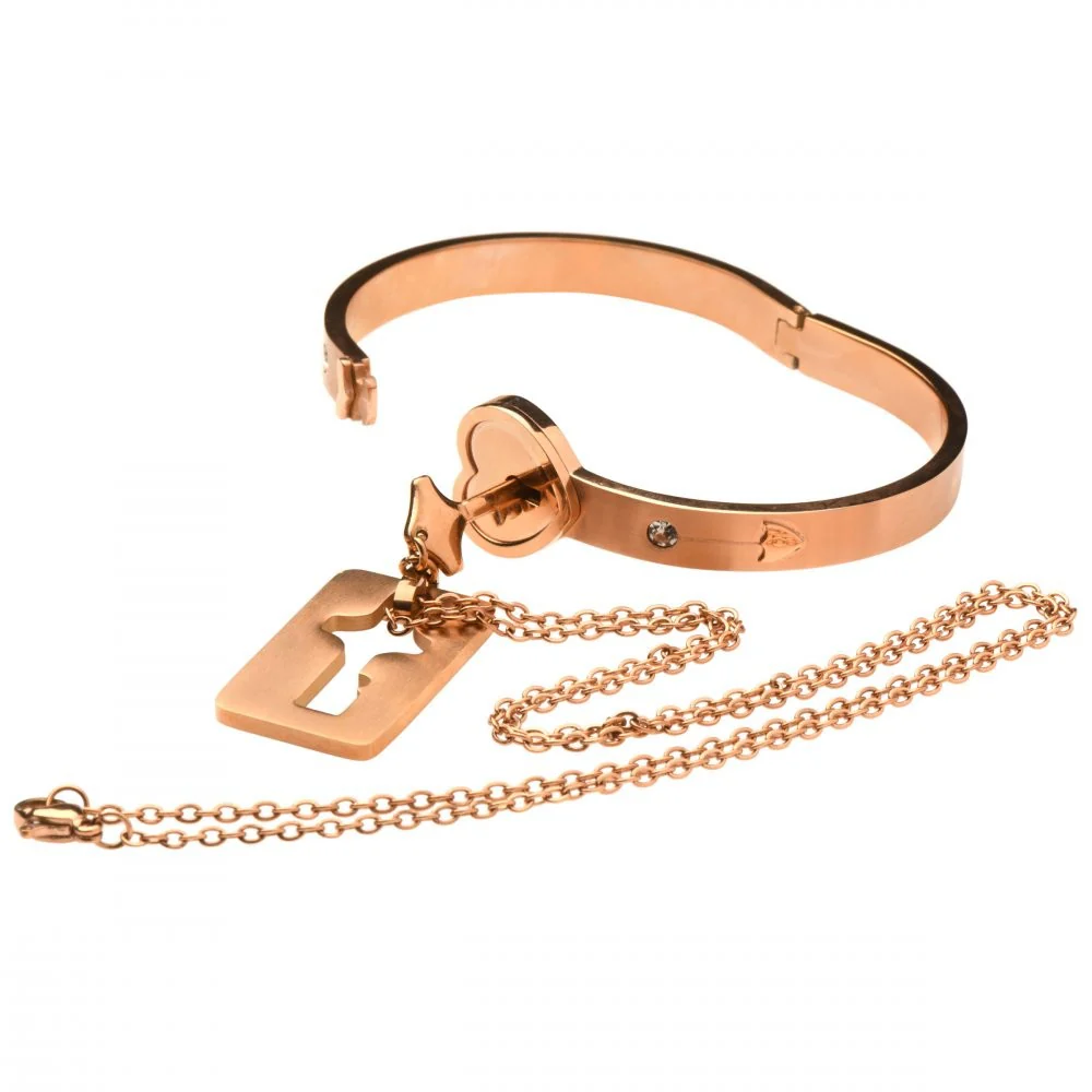 Rose Gold Cuffed Locking Bracelet and Key Necklace - Image 5
