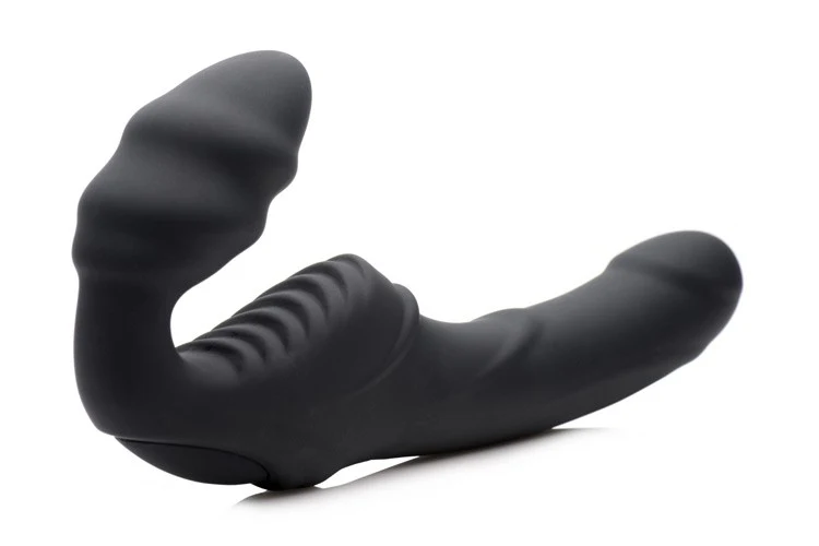 Slim Rider Ribbed Vibrating Silicone Strapless Strap On - Image 5